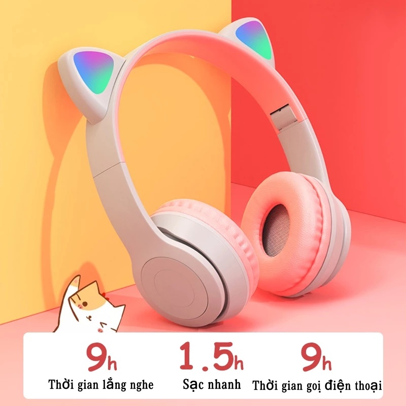 Tai Nghe Mèo Bluetooth, Tai nghe mèo Chụp tai chơi game Kiểu Dáng Dễ Thương Có Mic Và Đèn LED, Âm Thanh Siêu Bass, P47M