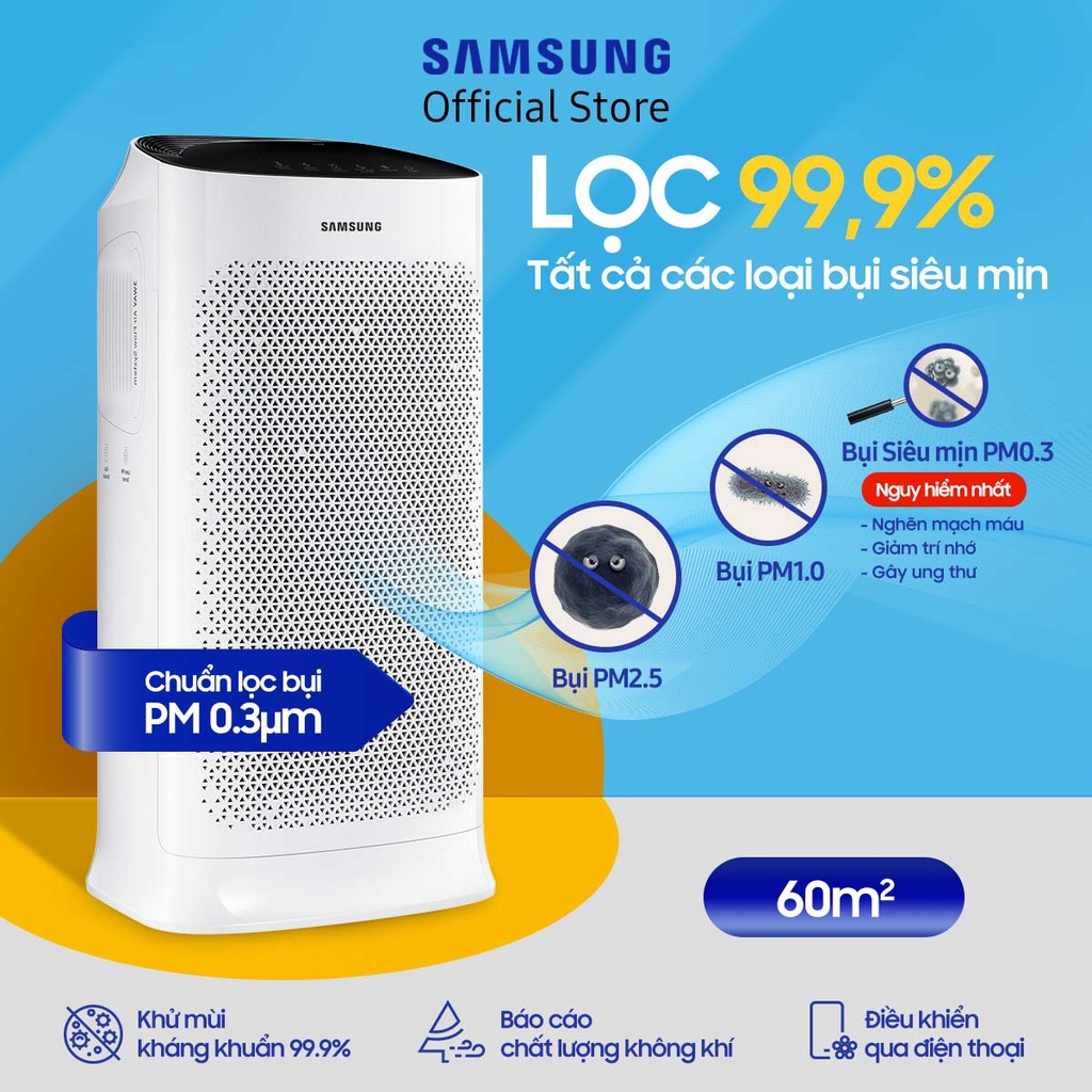 Máy lọc không khí Samsung 60m2 AX60R5080WD, lọc bụi mịn PM0.3, kháng khuẩn 99.9%
