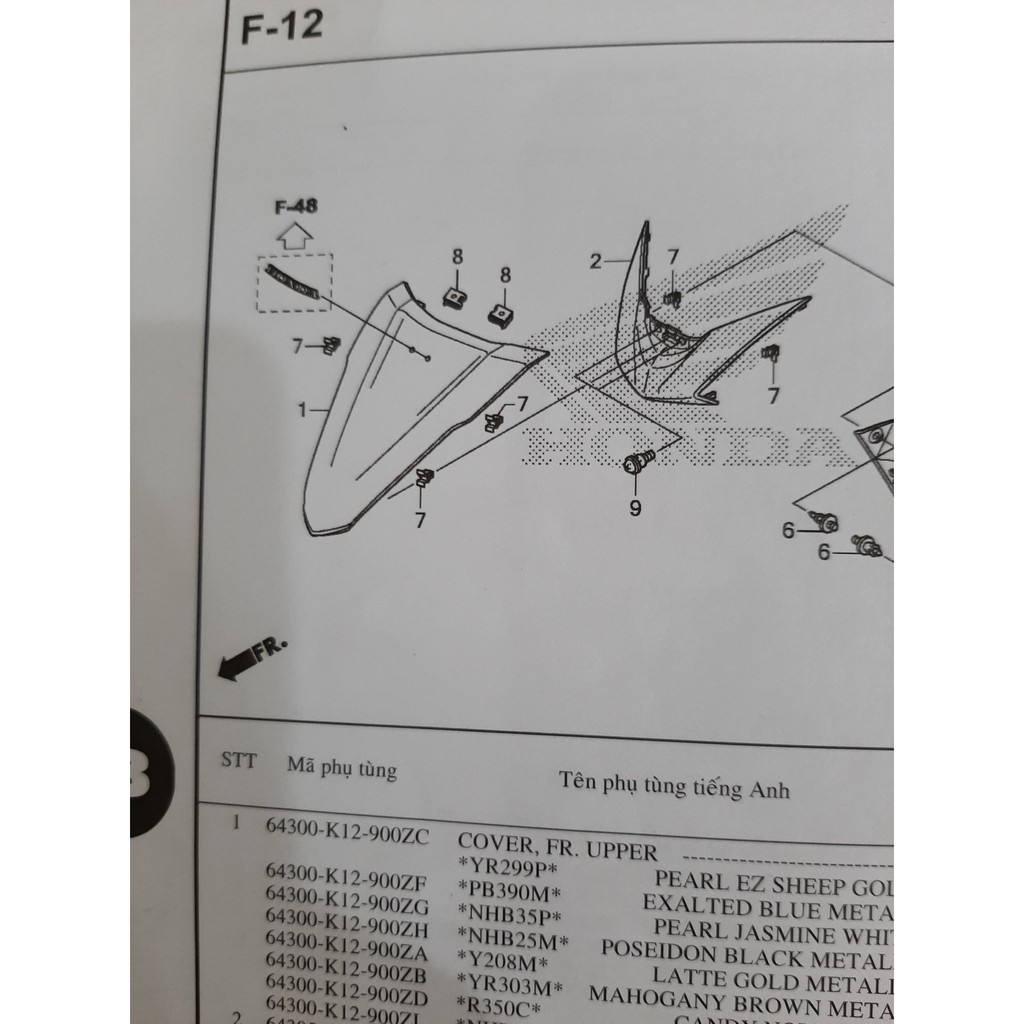 mặt nạ ỐP MẶT NẠ TRƯỚC kẹp vàng . vàng nhạt xanh đen đỏ trắng bạc lead 125 2013-2014-2015-2016-2017 chính hiệu honda