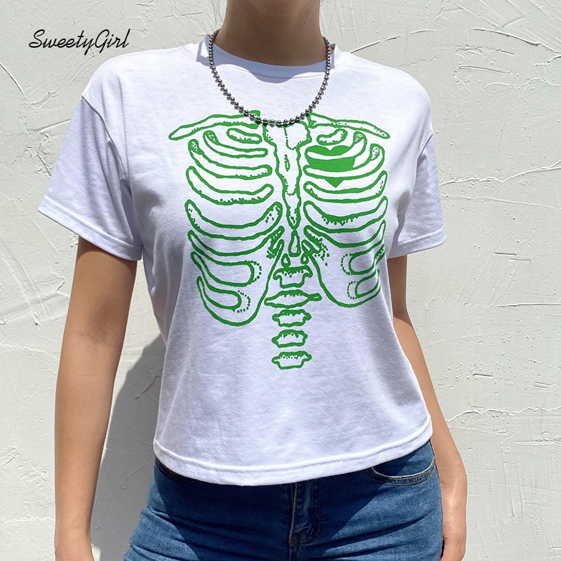 Áo Thun Tay Ngắn Cổ Tròn In Hình Xương Hoạt Hình Phong Cách Đường Phố Thời Trang Cho Nữ