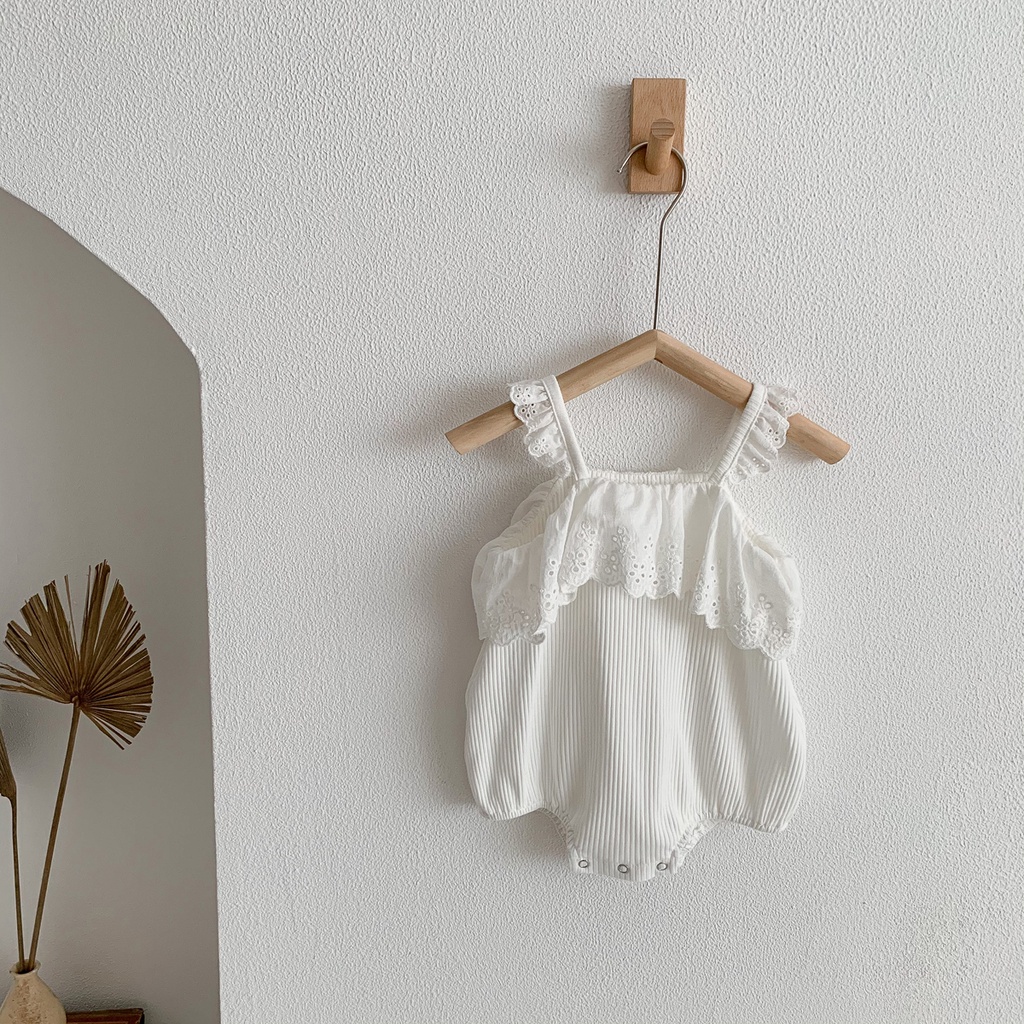 Bộ Áo Liền Quần Hai Dây Bằng Vải Cotton Phối Ren Thời Trang Mùa Hè Cho Bé Gái