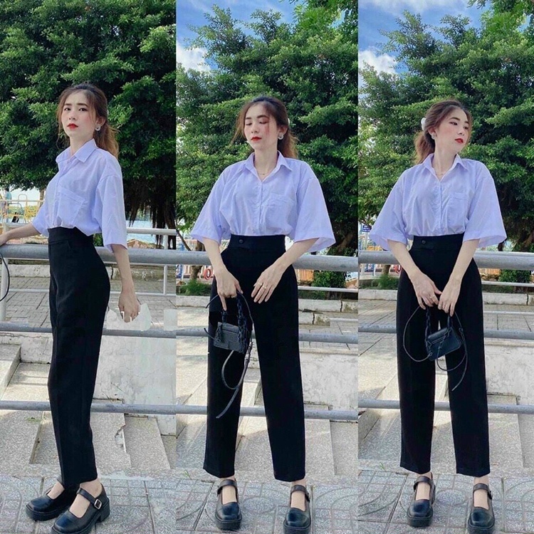 Set nữ công sở-đi học, Set áo sơ mi tay ngắn và quần dài lưng thun Umi - TM4