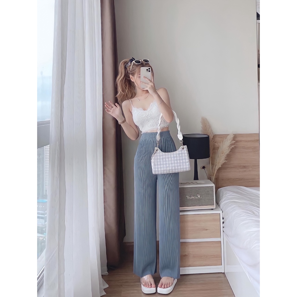 Quần Suông Tăm Nữ Cạp Cao Ống Rộng Trơn Nhiều Màu