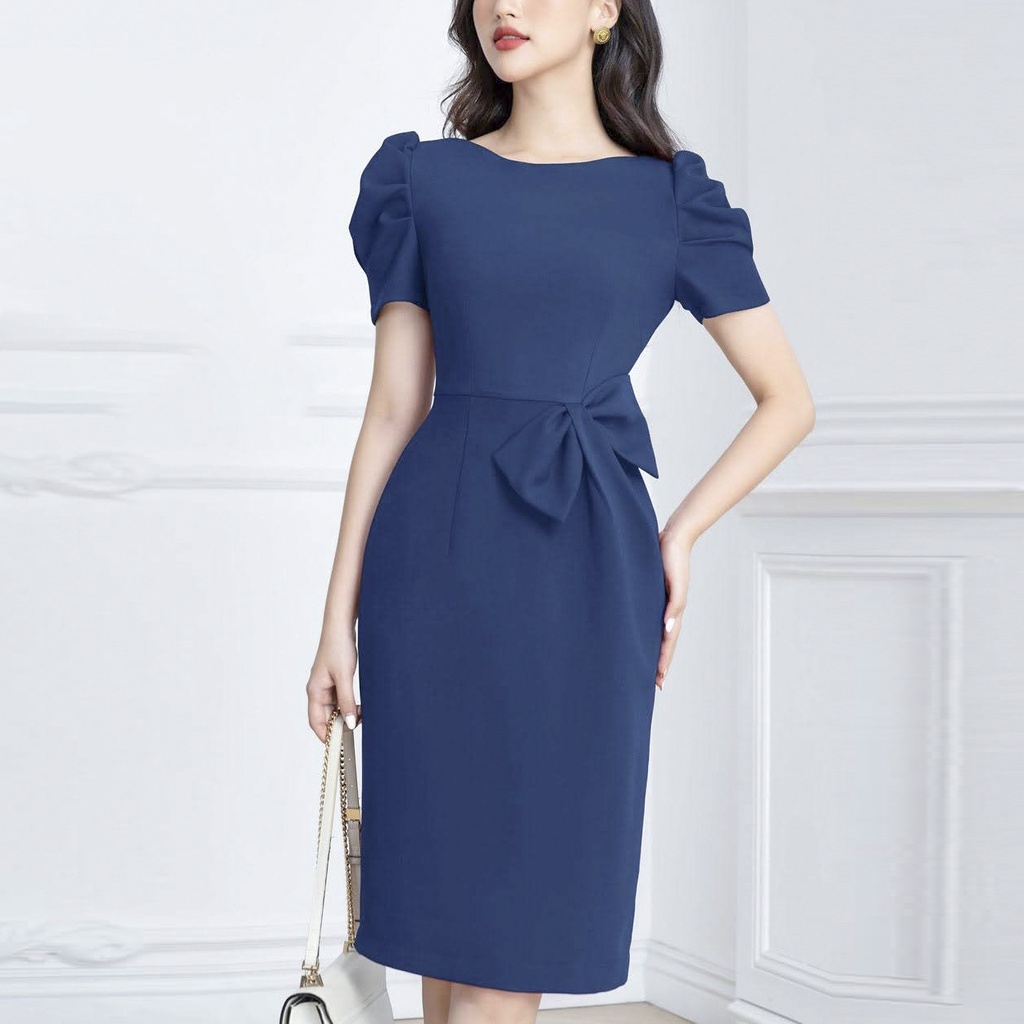 Đầm ôm công sở sang trọng AMYRA, thiết kế dự tiệc ôm tay bồng vải co giãn nhẹ nơ eo che bụng DA161