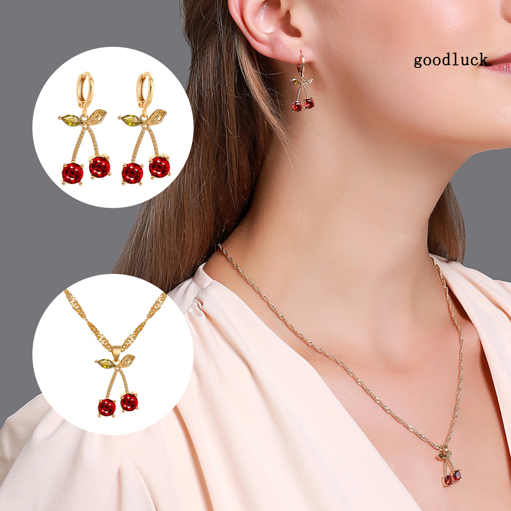 Bộ vòng cổ + Bông Tai Hình Quả Cherry Đính Đá Ruby Nhân Tạo