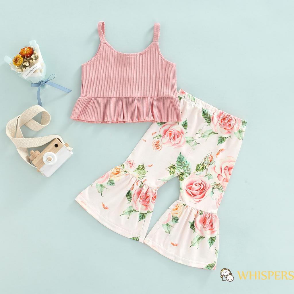 Set Áo Sát Nách + Quần Dài Ống Loe Họa Tiết Hoa Cho Bé