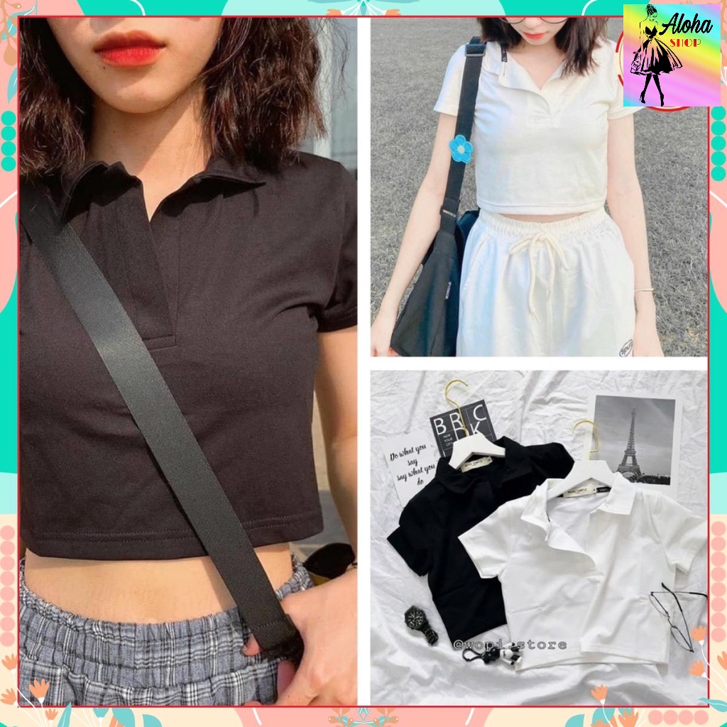 [ ẢNH THẬT ]  Áo croptop cổ bẻ alohashop91 chất bozip cotton co dãn mạnh, chất vải dầy dặn mát, 2 màu Đen, Trắng