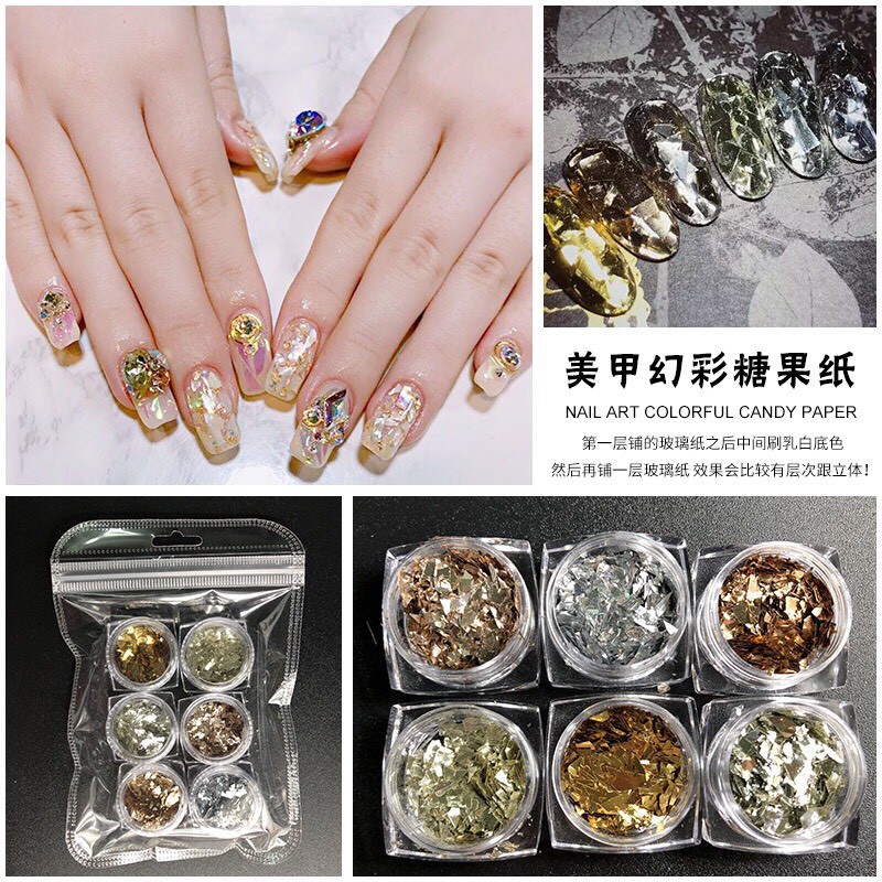 Set 6 hủ kim tuyến, sequin 3D, phụ kiện nail, phụ kiện trang trí móng cao cấp