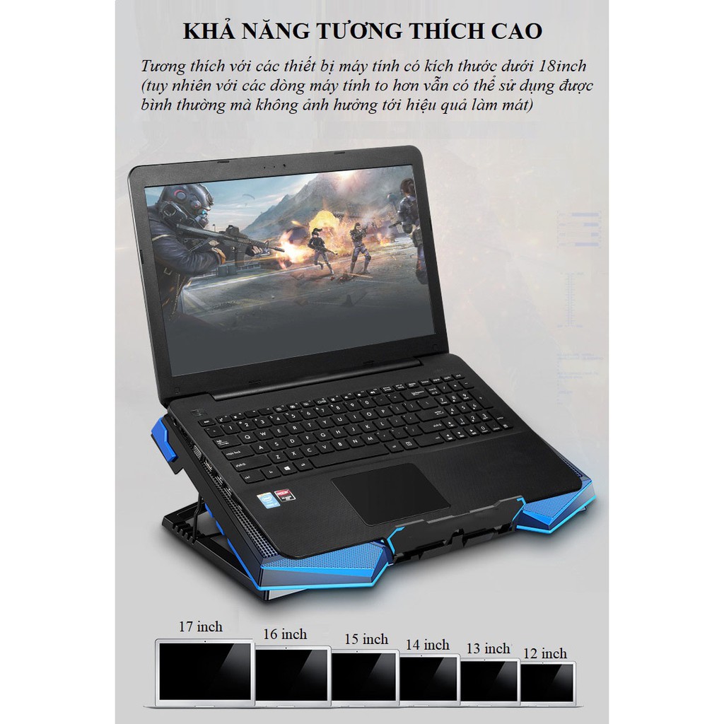 Đế Tản Nhiệt Laptop ❤️FREESHIP❤️ Quạt Tản Nhiệt Với 5 Quạt Làm Mát Siêu Tốc - Tản Nhiệt Ram Bảo Vệ Máy Tính Của Bạn H9.1