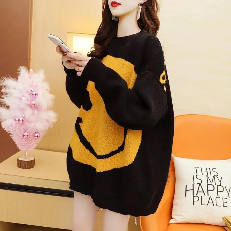 Plus Áo Sweater Dệt Kim Dày Cỡ Lớn In Họa Tiết Mặt Cười Thời Trang Xuân Thu Cho Nữ