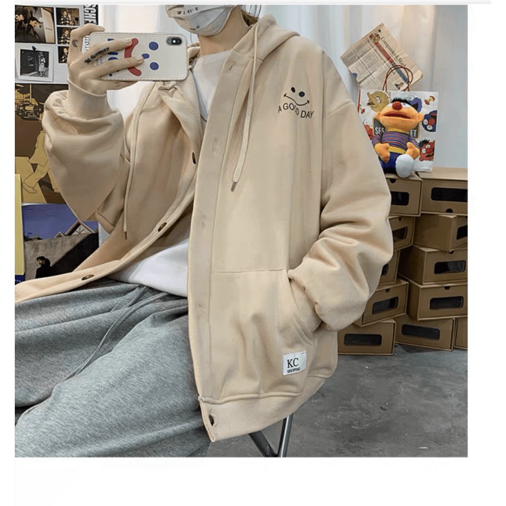 ÁO KHOÁC HOODIE NÚT GÀI MẶT CƯỜI FORM RỘNG CHO NAM CỰC HOT TU