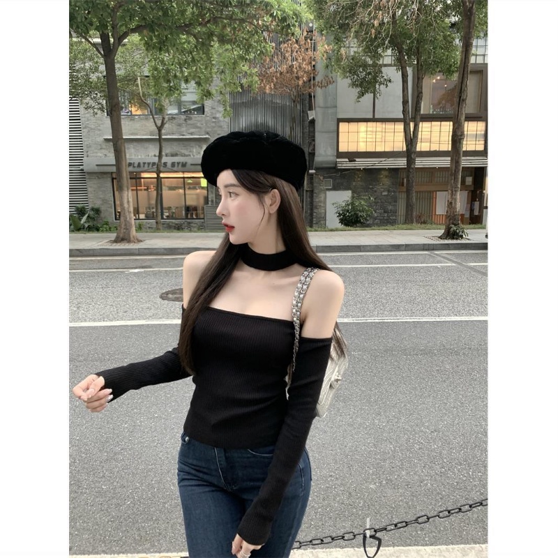 Áo dệt kim COZOKC tay dài trễ vai thiết kế quyến rũ cho nữ