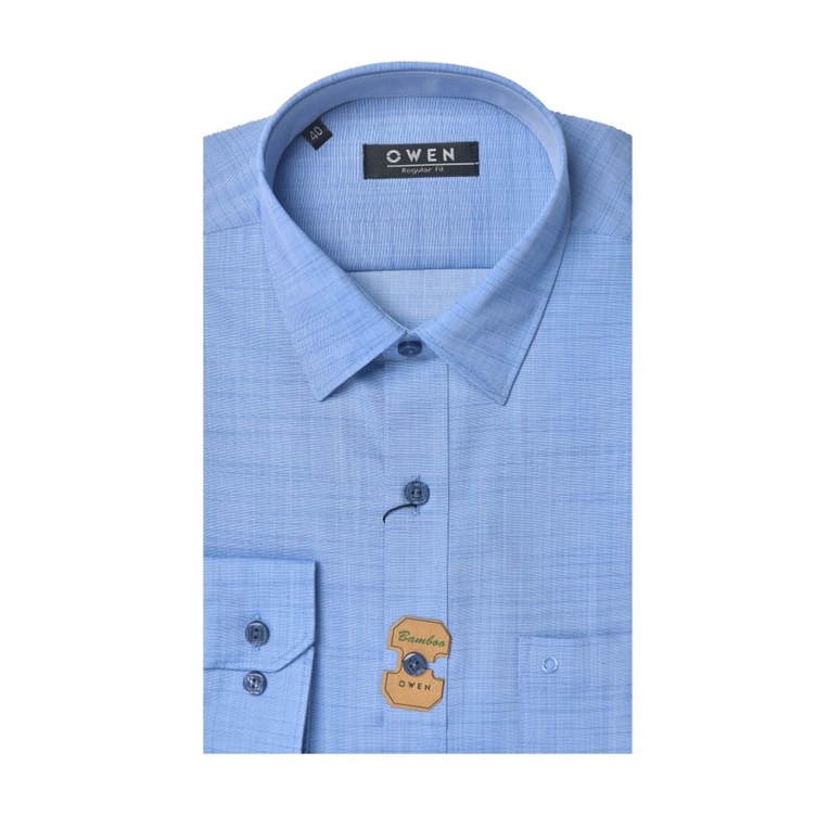 Áo Sơ Mi Nam Dài Tay OWEN AR220009DT Somi Công Sở Cao Cấp Màu xanh slub ngang Dáng Suông Có Túi Chất Vải Sợi Tre Mềm Mát