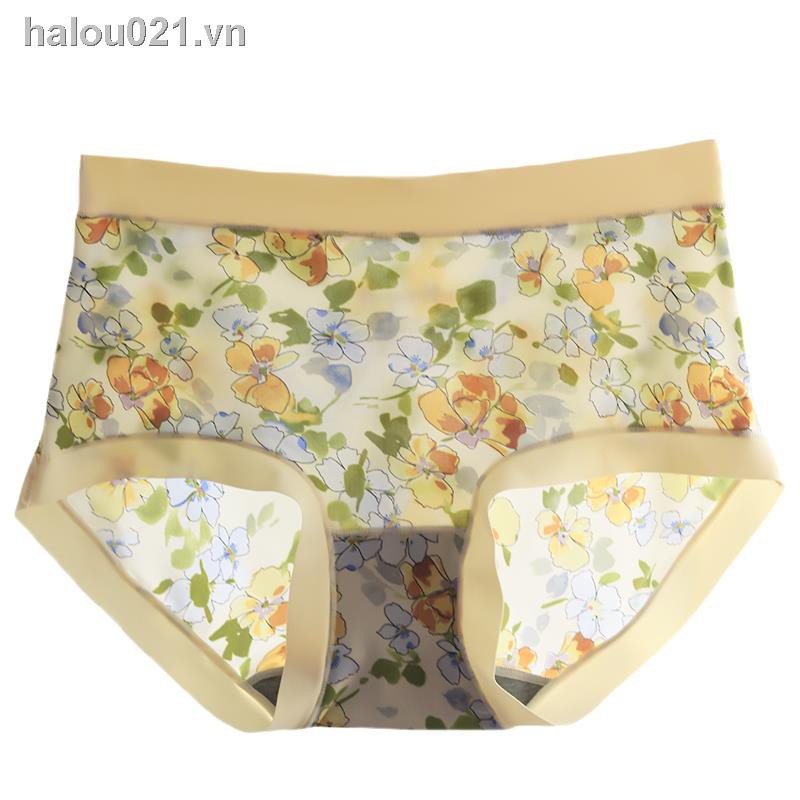 ✿Ready stock✿ Traceless underwear 3 pieces of Caitian printed women s spring and summer silky milk ice silk ultra-thin seamless waist bag hip antibacterial boxer briefs