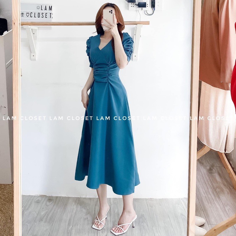 Đầm suông❤️Hình thật 100%❤️Đầm suông cổ V nhún 2 đường