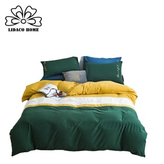 Bộ chăn ga gối cotton tici phối Beauty LIDACO - Xanh Rêu Phối Vàng