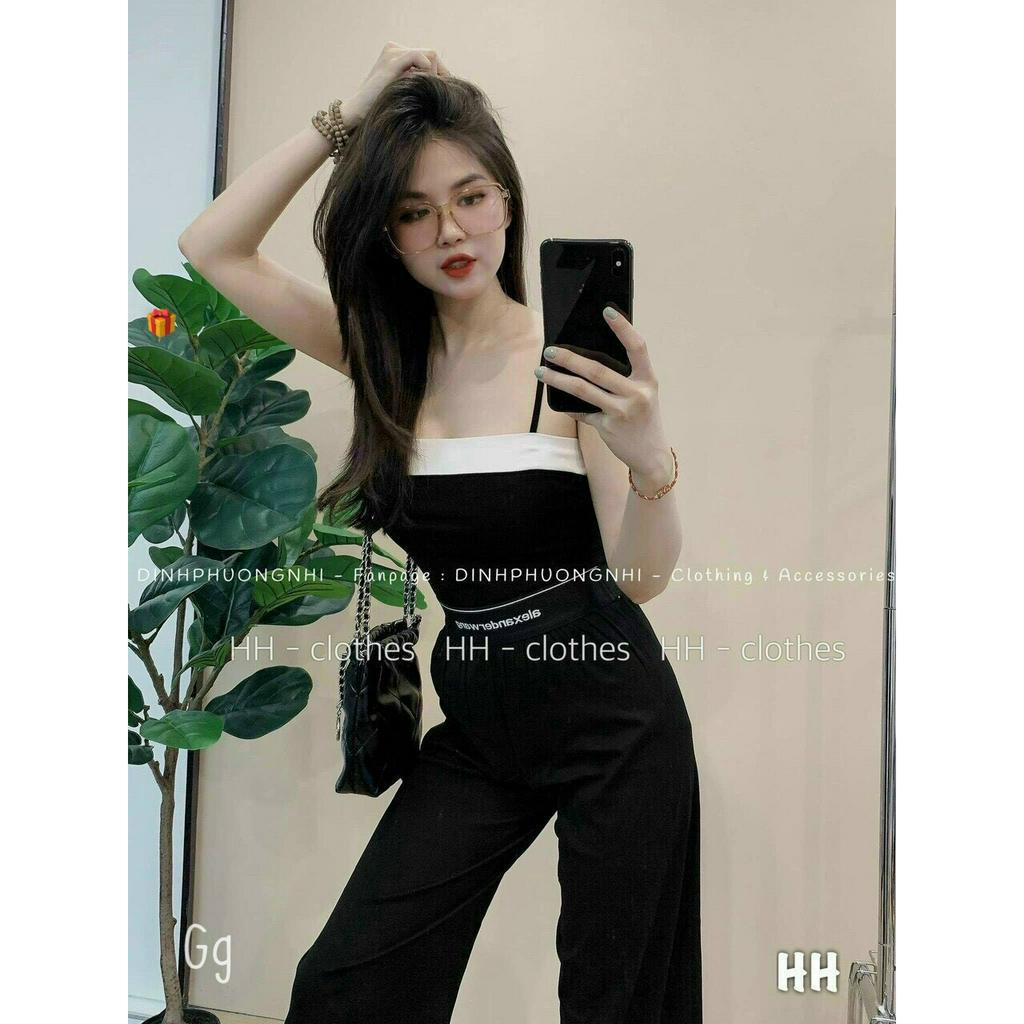 Set bộ mặc nhà đi chơi áo 2 dây croptop mix quần ống loe dáng dài kèm đai in chữ chất thun gân xinh hot