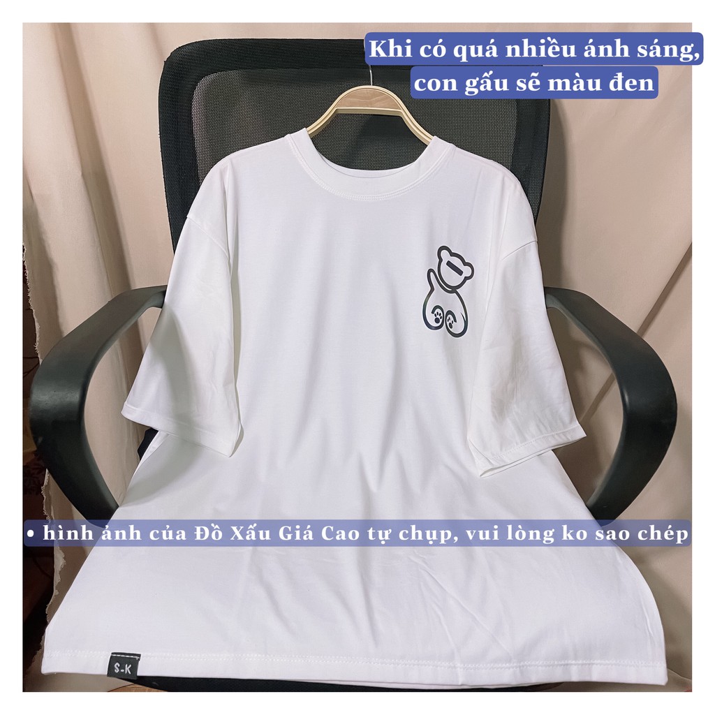 Áo thun trắng phản quang hình gấu. Áo Unisex from rộng tay lỡ chất vải cotton dày dặn. | BigBuy360 - bigbuy360.vn