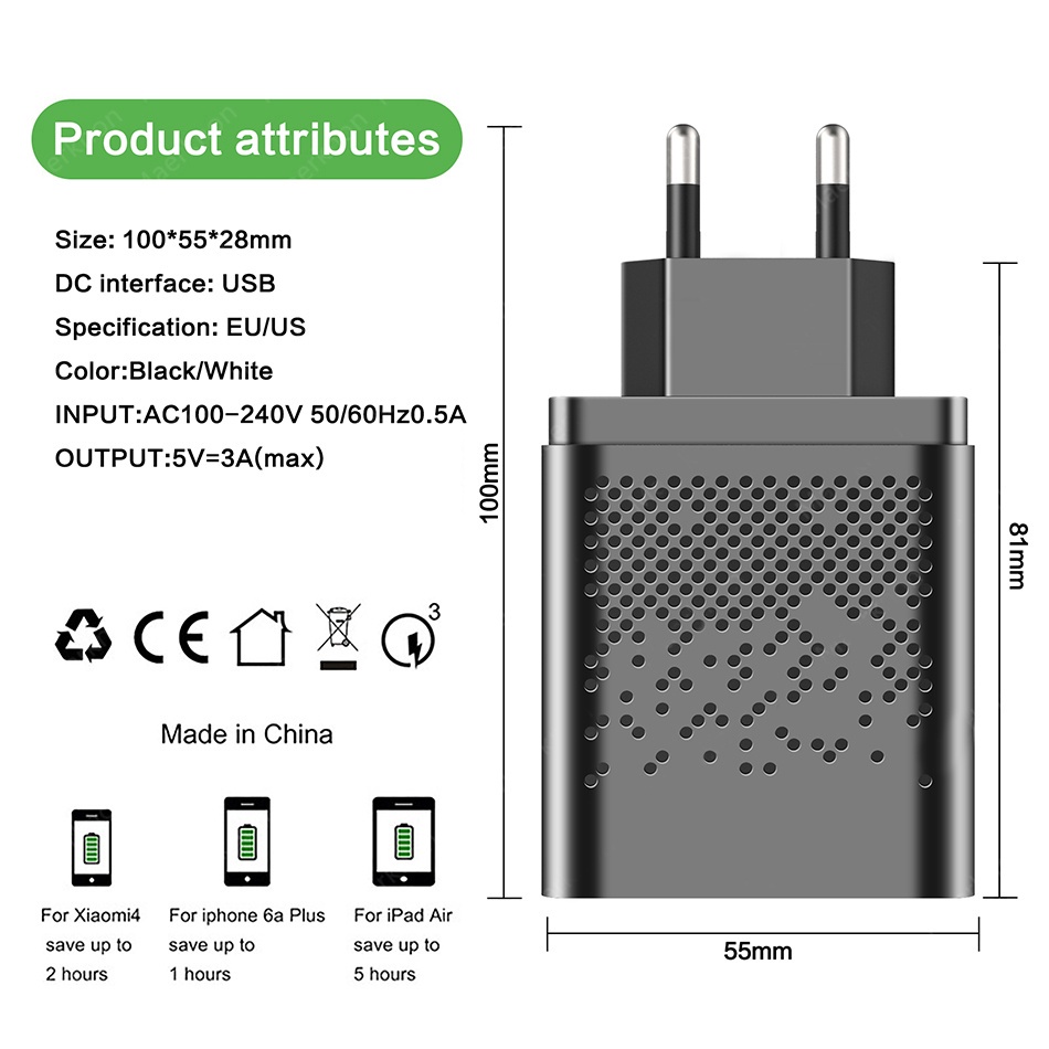 Củ Sạc Nhanh QC 3.0 60W 5 Cổng USB Phích Cắm EU / US Cho Samsung Xiaomi HuaWei