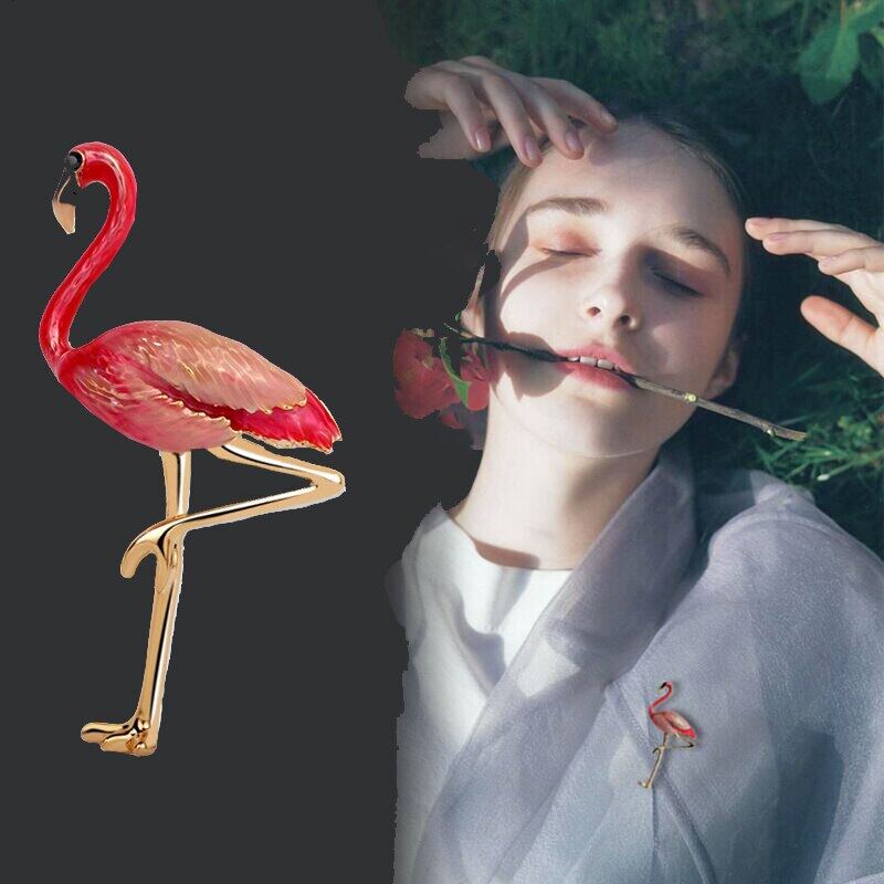 Trâm Cài Áo Hình Chim Hồng Hạc Đính Ngọc Trai Tráng Men Màu Đỏ Thời Trang Cho Nữ