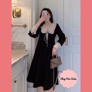 Váy đen cổ tiểu thư viền bèo dáng dài cột nơ