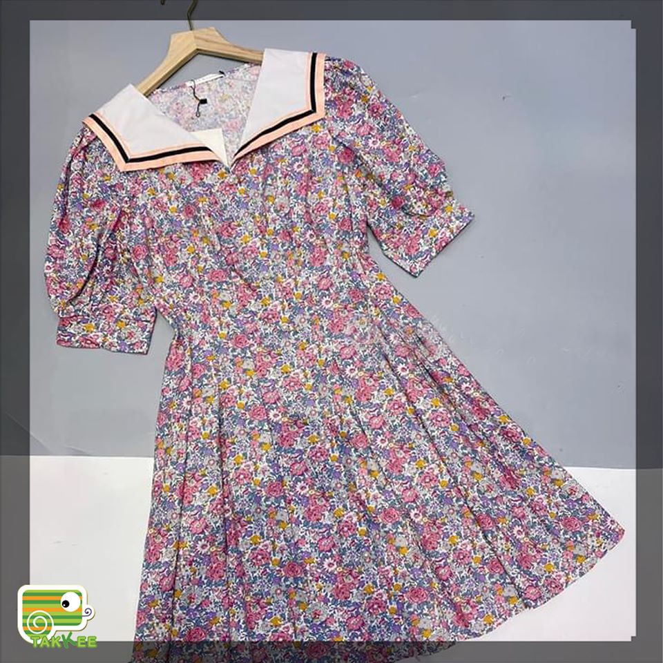 VÁY  ĐẦM XÒE HỌA TIẾT HOA CỔ THUYỀN EO CHIẾT LY HÀNG LỌAI 1