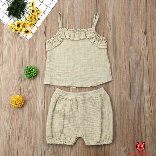 Set áo hai dây viền bèo + quần short bo ống chất đũi xinh xắn cho bé