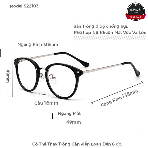 [Mã FARSSTGRE giảm 5K đơn bất kỳ] Gọng Kính Cận Thời Trang Nữ Form Tròn Bầu S22103 (Nhiều Màu) | BigBuy360 - bigbuy360.vn