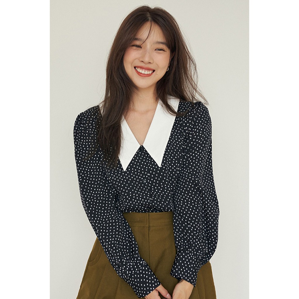 (ORDER) Áo sơ mi nữ dài tay chấm bi màu đen phối cổ bẻ màu trắng style vintage Hàn Quốc