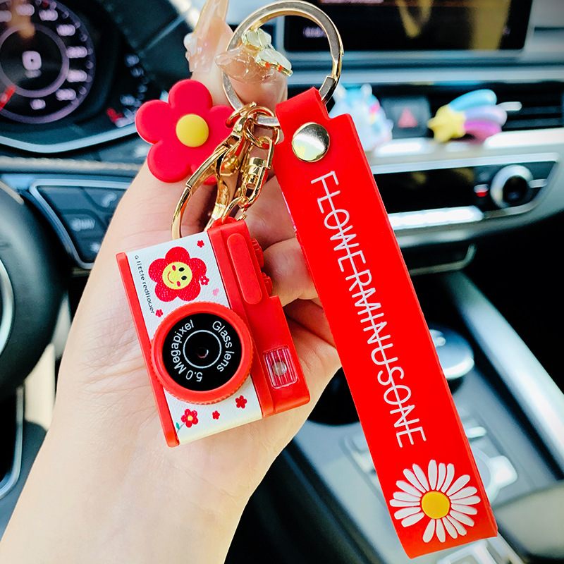 Creative Little Red Flower Keychain Personality Cartoon Mini Camera Bag Pendant Couple Accessories Keyring