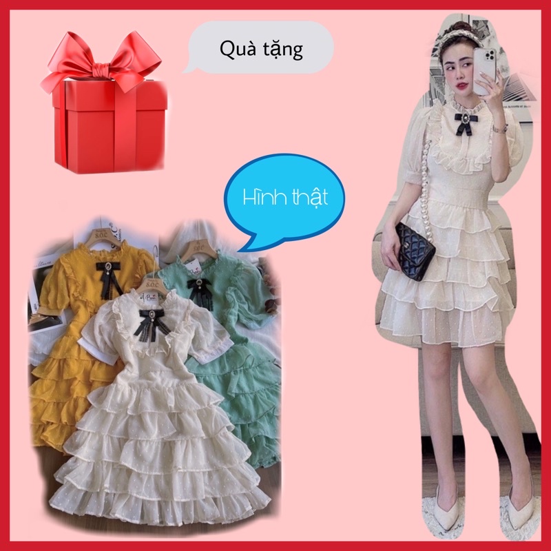 (HÀNG LOẠI 1)Váy Đầm ren bi tầng kèm tag nơ