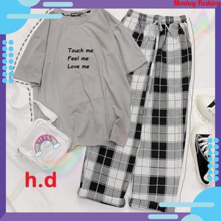 Hàng loại 1: set đồ nữ đi chơi đi học monkey fashion, sét đồ bộ nữ cotton áo phông in touch me mix quần kẻ caro ống rộng
