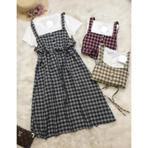 Váy yếm kẻ caro 2 dây có dây buộc eo / Váy yếm caro babydoll bánh bèo tiểu thư siêu xinh  ྇