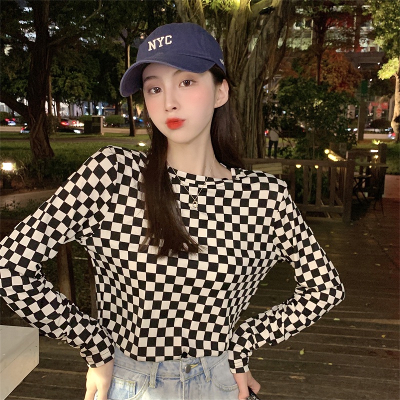 【ZHELIHANGFEI】Áo Thun Tay Dài Cổ Tròn Họa Tiết Sọc Caro Thời Trang