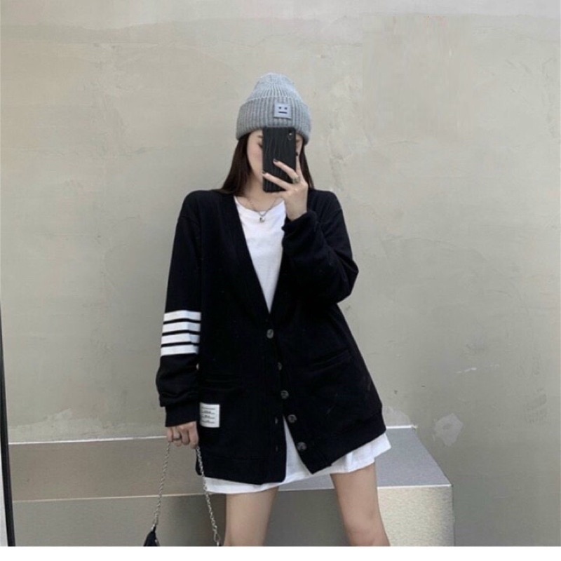Ak020 Áo Cardigan nỉ Bóng Chày xám đen Hàn Quốc Siêu Xinh Cadigan thu đông nữ cài nút Dáng Rộng Tay Dài Cổ Chữ V
