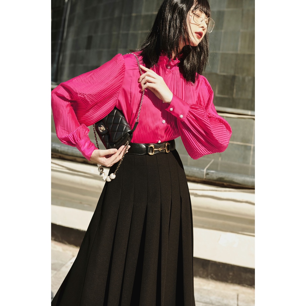 Áo sơ mi lụa satin HUONG BOUTIQUE HBSM944 cổ bèo, dập li toàn thân