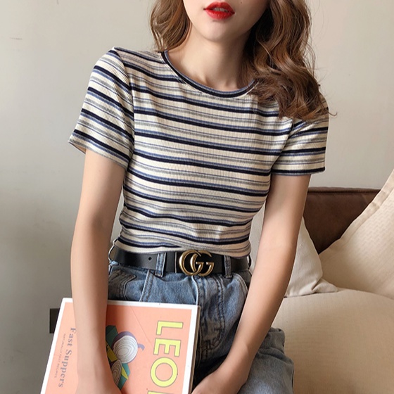 Áo Thun Nữ Tay Ngắn Chất Liệu 95% Cotton Họa Tiết Kẻ Sọc Thời Trang Mới