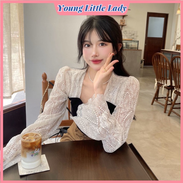 Áo Nữ Cổ Vuông Phối Ren Phong Cách Mùa Thu Pháp Mới