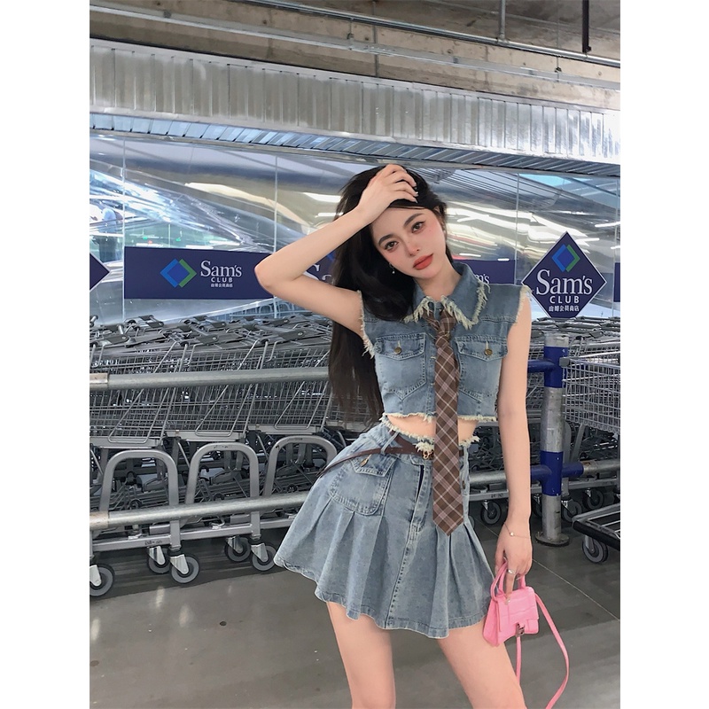 Cocory vn Set Áo Denim Không Tay + Chân Váy Chữ A Thời Trang Nữ