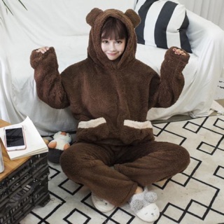 Bộ ngủ gấu lông mùa đông tai gấu cute dễ thương unisex n nữ đồ đôi