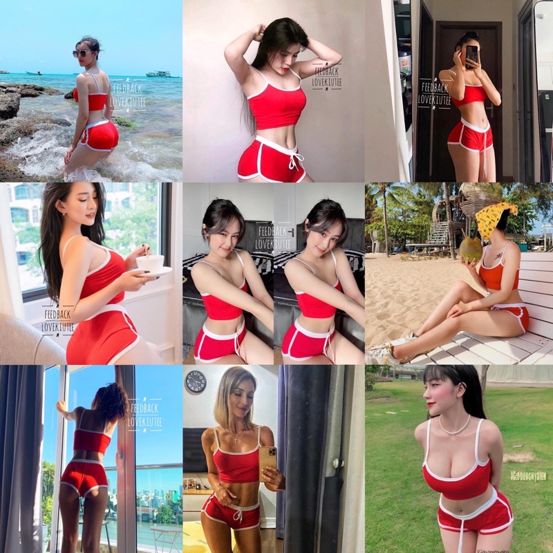 Nguyên bộ áo Croptop 2 dây và quần Booty Short ngắn ôm mông LOVEKIUTEE