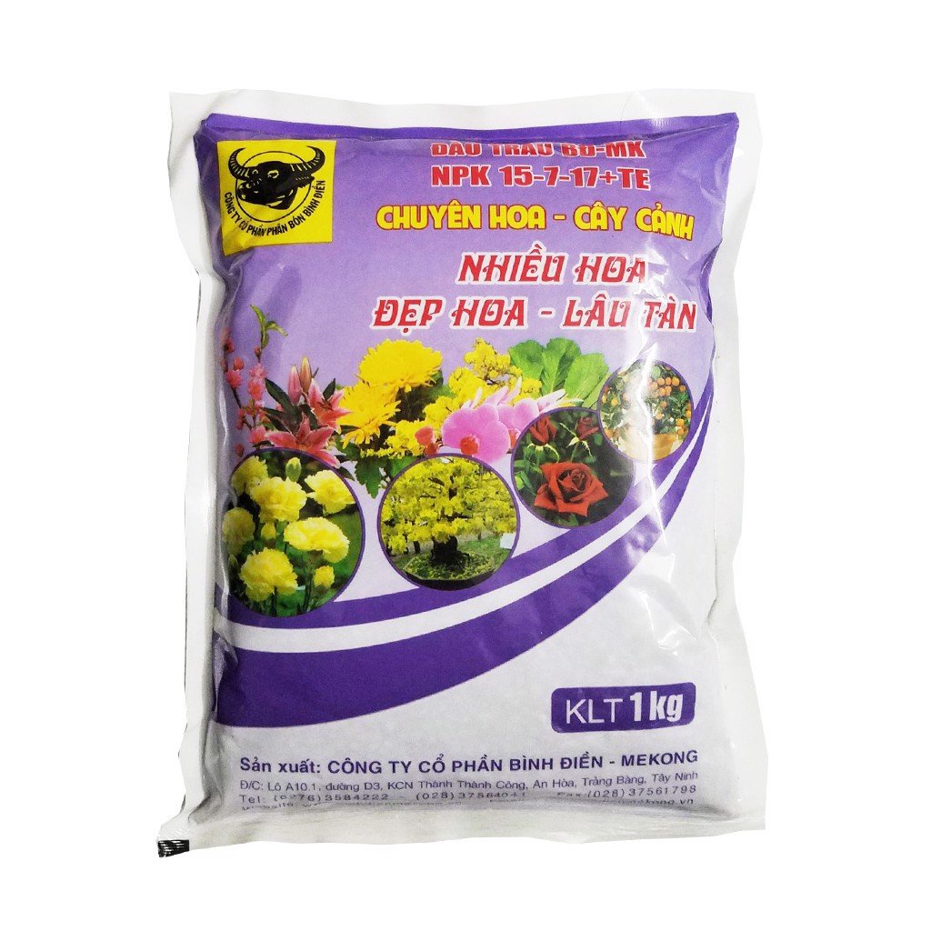 Phân bón Đầu Trâu NPK chuyên cho hoa, cây cảnh 15-7-17 + TE gói 1kg