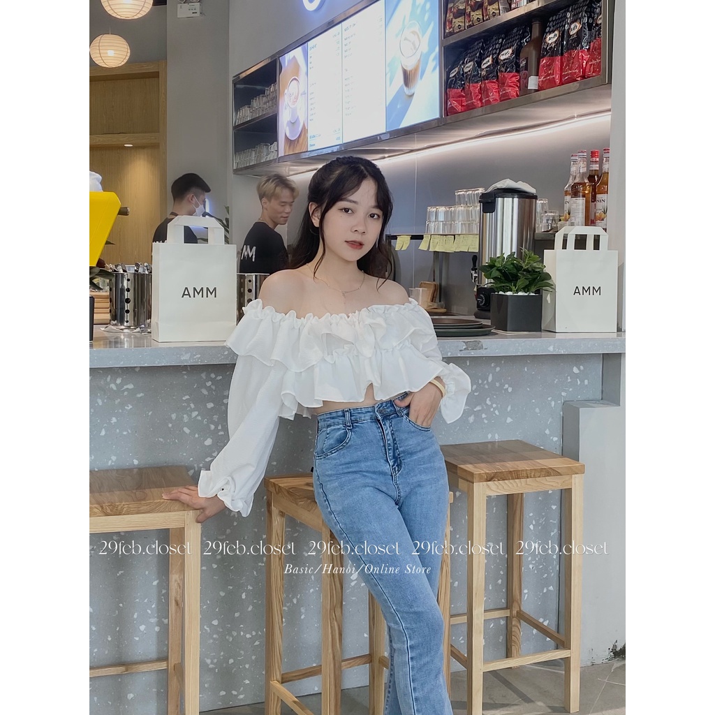 [Ảnh thật/Video] Áo trễ vai croptop bèo 2 tầng chất đũi - 29feb.closet - A65