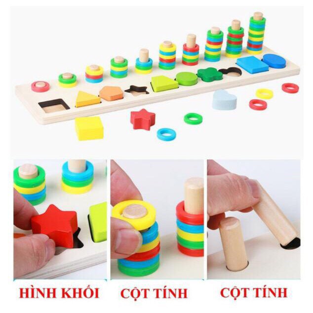 Giáo Cụ Montessori Học Đếm Bậc Thang 10 Cột Tính Hình Khối Màu Sắc