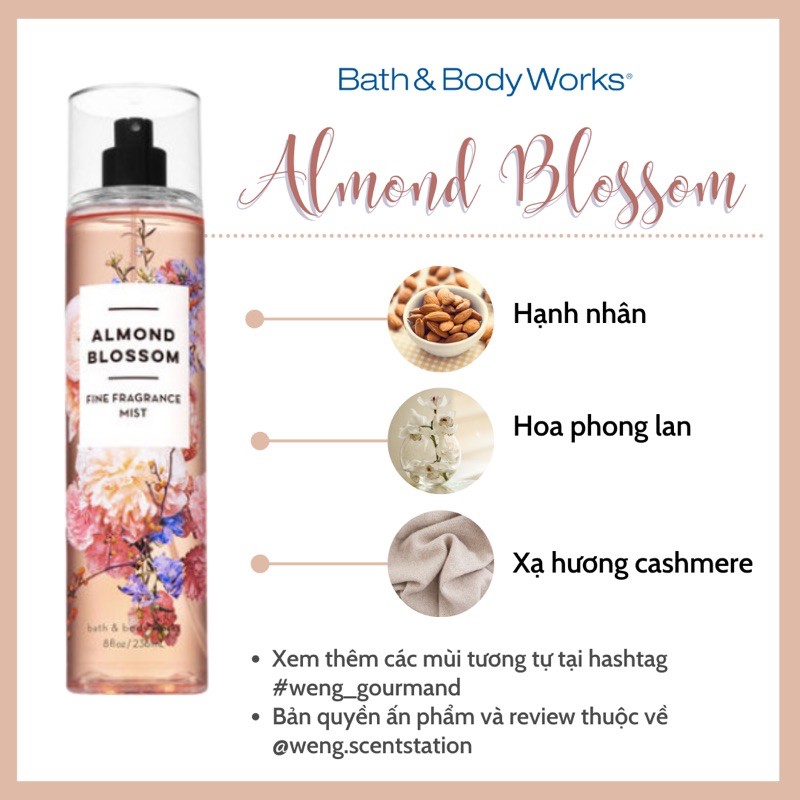 (MÙI HOT) Xịt thơm toàn thân Bath &amp; Body Works mùi Almond Blossom