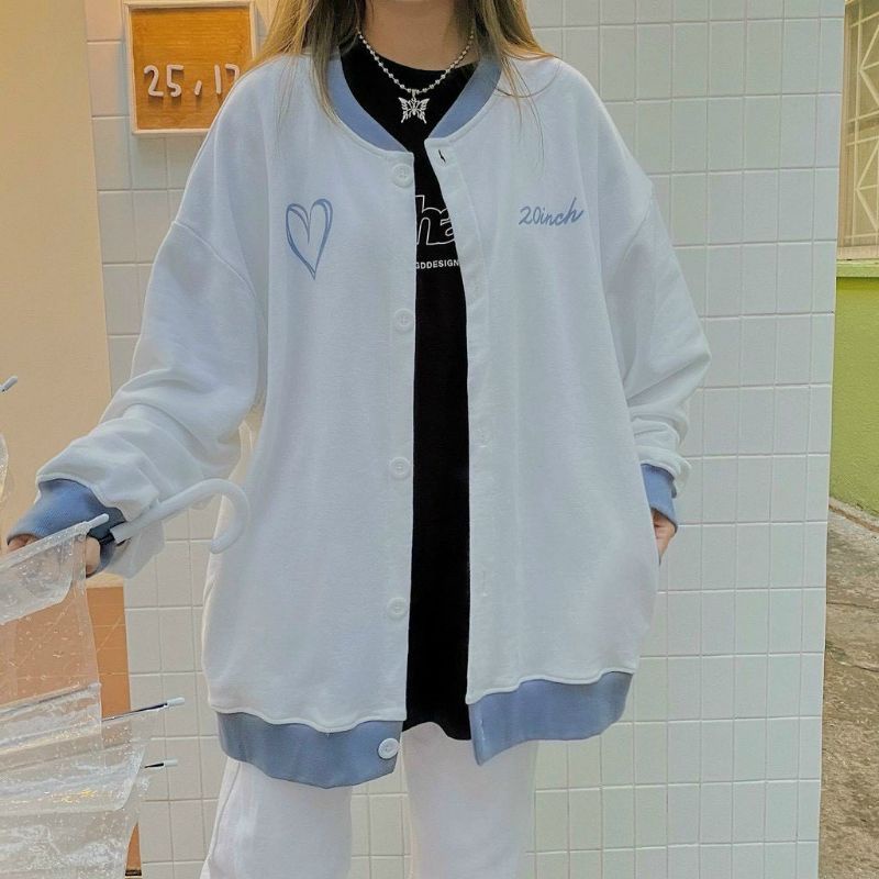 Áo cadigan nữ chất nỉ PE xịn ,gài nút in trai tim ullzang unisex 2 màu đen,trắng thời trang thu đông có video ảnh thật