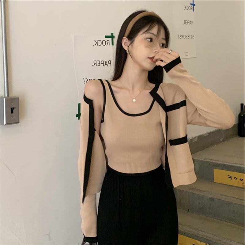 ZHELIHANGFEI Bộ Áo Cardigan Dệt Kim Hai Dây + Quần Lưng Cao Gợi Cảm Dành Cho Nữ