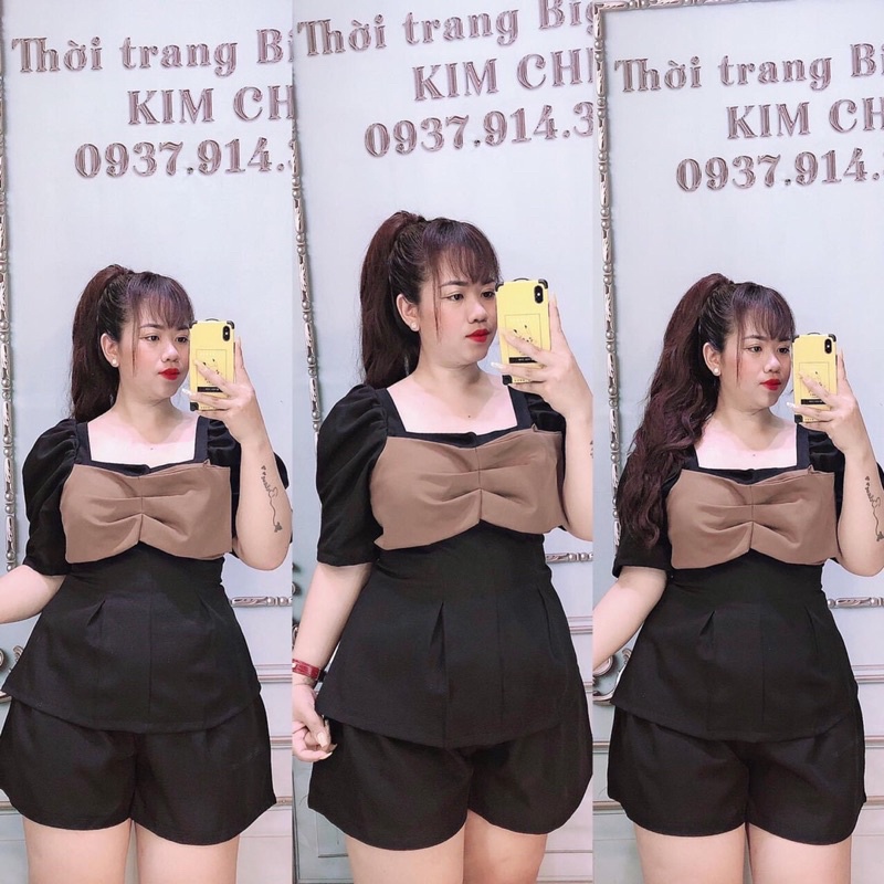 [Shop bigsize nữ 50kg-90kg] Set áo peplum nơ mix short - SNO