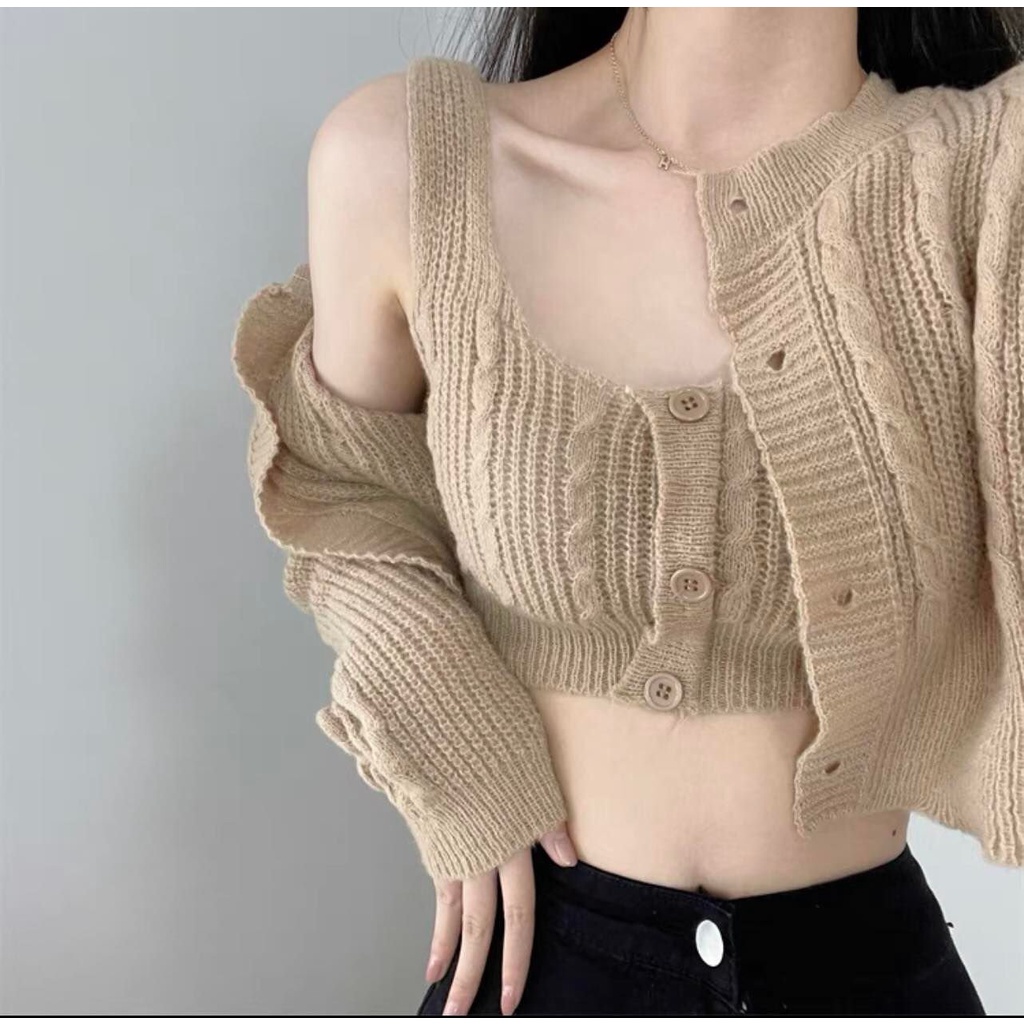 Set 2 món áo 2 dây + áo khoác len trẻ trung cá tính DA99