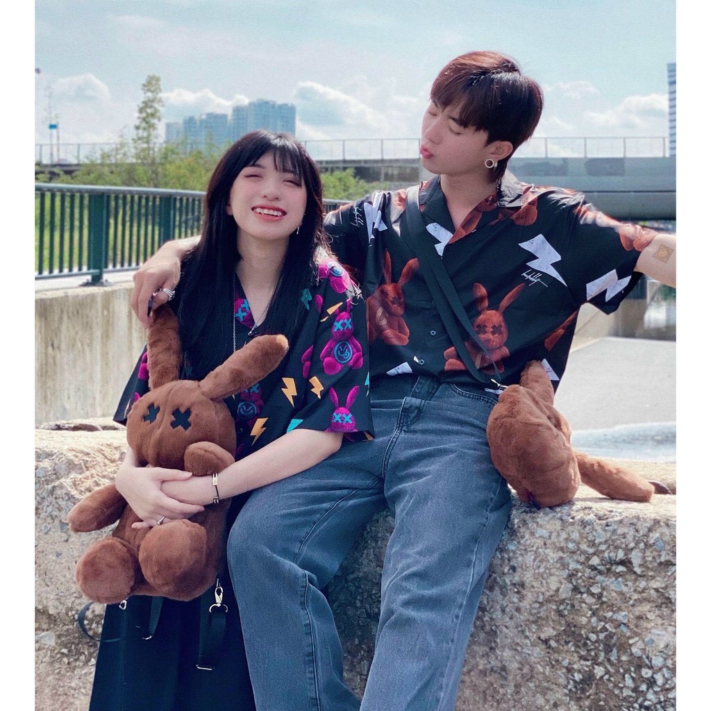 Áo sơ mi unisex,áo nam nữ, họa tiết hình thỏ in full áo cực cá tính,form rộng, mặc couple siêu xinh